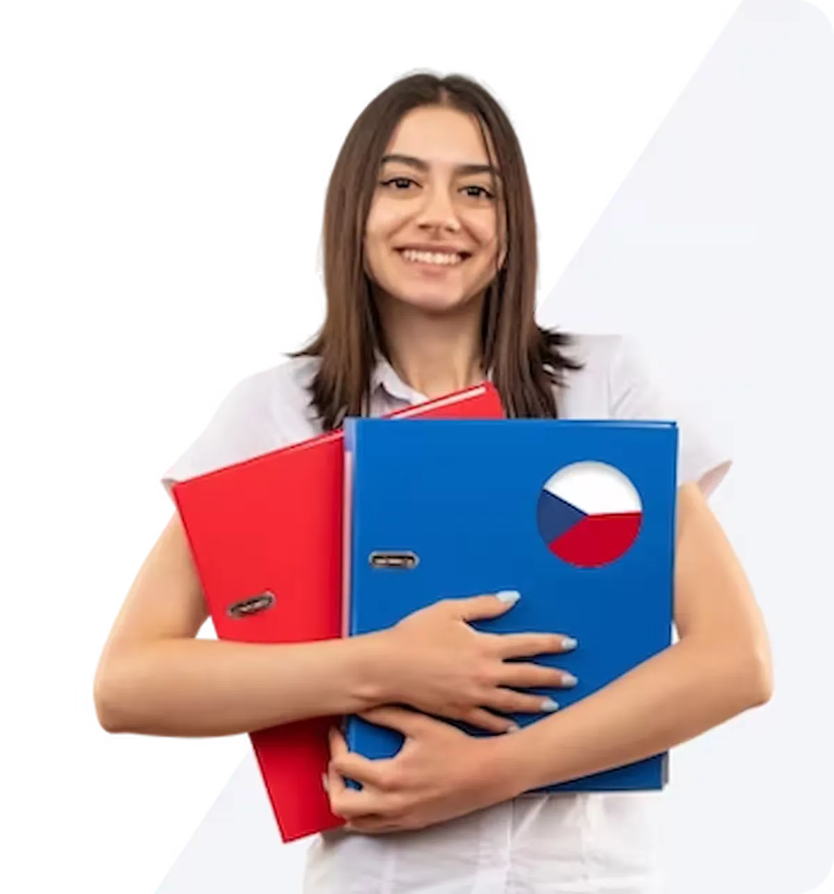 Студентка тримає папки з чеською символікою