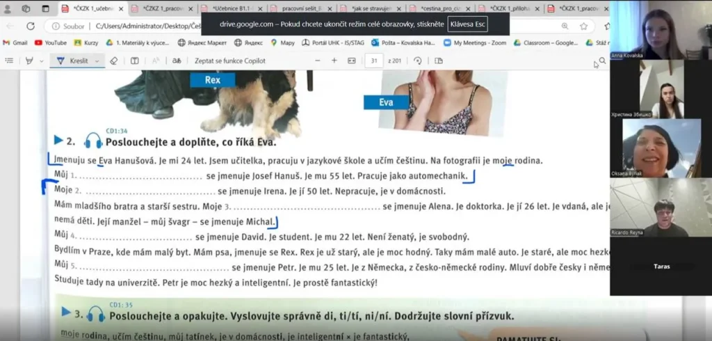 Онлайн урок чеської мови з навчальними матеріалами на екрані